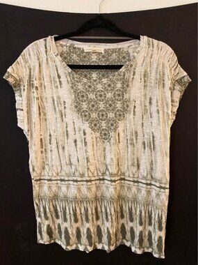 Farmers Market Boho Sleeveless Top Petite Large Beige & Olive Green Patterned
